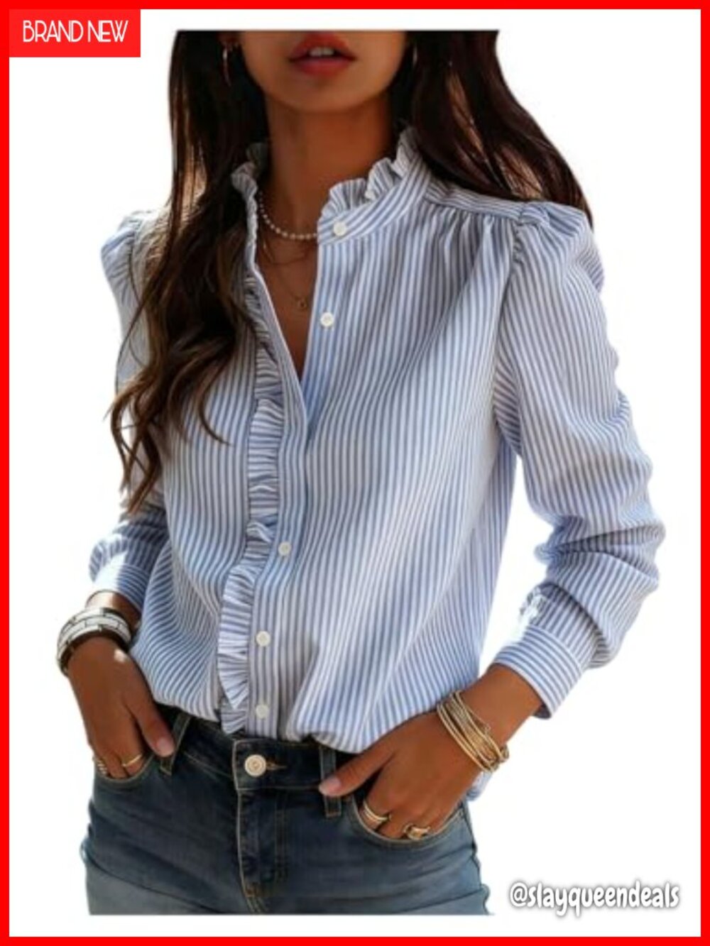 Striped Button Down Blouse Long Sleeve Ruffle Stand Collar Office Top